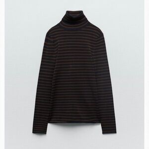 Zara - Navy and Burgundy Striped Turtleneck Sweater - Women’s Medium
